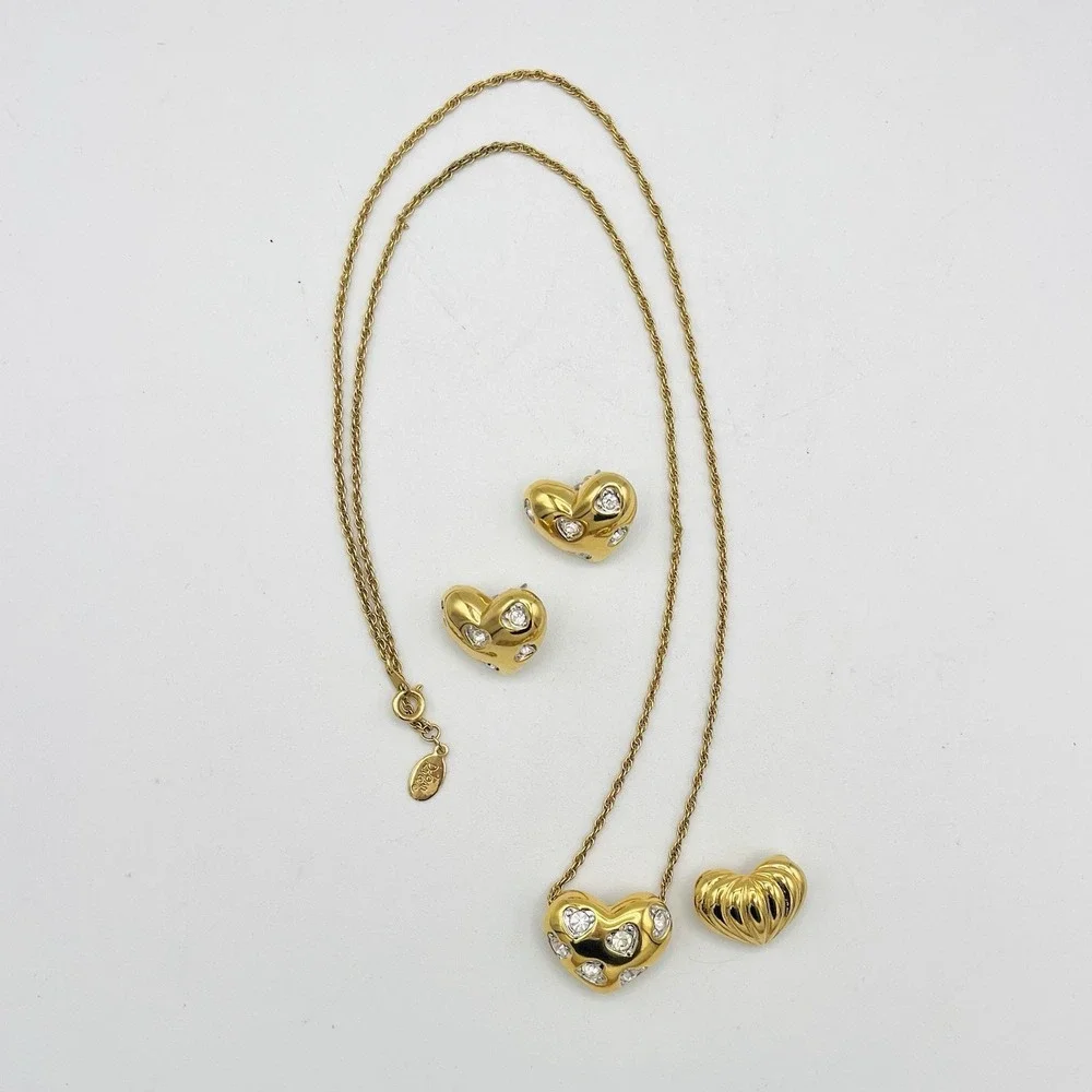 Vintage Joan Rivers Two Heart Necklace Slide Pendant Gold Crystal Earrings Chain